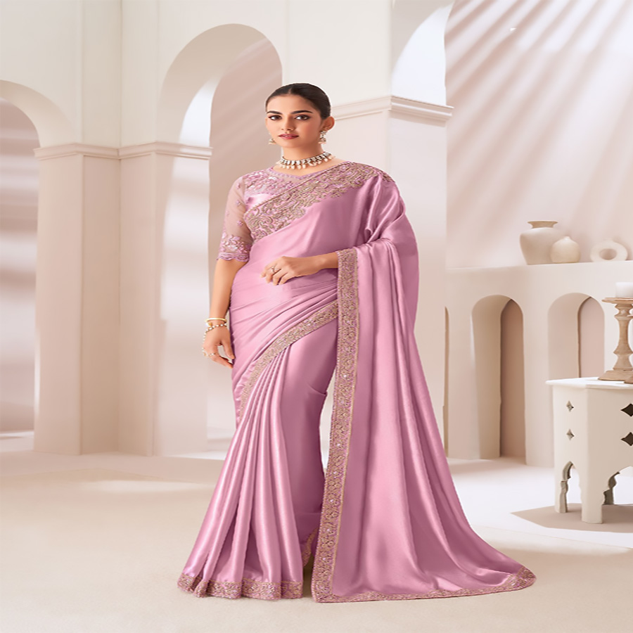 Light pink Sartin silk Partywear Saree